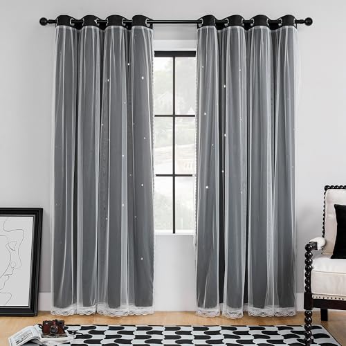 XiDi Black Curtains for Bedroom 63 Inches Long Star Blackout Curtains 34x63 - color: Black, size: 34"W x 63"L (Pack of 2)
