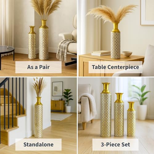 Leewadee Set of 3 Large Floor Vases Metal for Pampas Grass - color: Gold, White