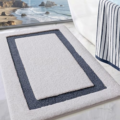 LUMI Bathroom Rug, Non Slip Absorbent Bath Mat, White Blue, 24"x43" - color: White+blue, size: 24"x43"