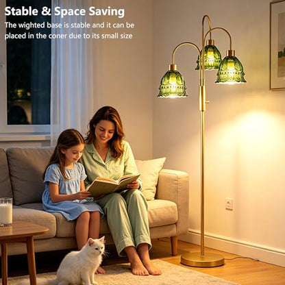 3-Light Glass Floor Lamp Green Shade 70" Gold Dimmable Tall Standing Lamp - color: Green Lace-Gold