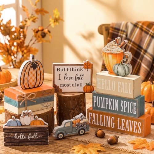 11 Pcs Fall Coffee Table Decor for Home, Wooden Pumpkin Spice Signs - style: Fall Farmhouse