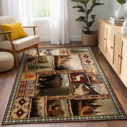 Rustic Lodge Bear Moose Deer Rugs for Entryway 3x5, Farmhouse Cabin Door Mats Indoor Entrance for Entryway Bedroom Dining Room, Non-Slip Machine Washable Indoor Entry Rug Doormat Carpet - color: Rustic Bear, size: 3' x 5'