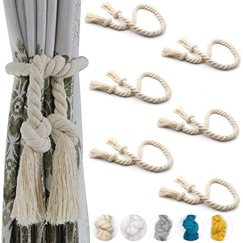 6 Pack Curtain Tiebacks, Outdoor Curtain Ties, Natural Cotton Curtain Holders, Village Rural Rustic Curtain Holdbacks, Farmhouse Boho Rope Curtain Tie Back for Drapery Patio, Beige - color: Beige Rope 6 Pack