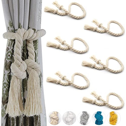 6 Pack Curtain Tiebacks, Outdoor Curtain Ties, Natural Cotton Curtain Holders, Village Rural Rustic Curtain Holdbacks, Farmhouse Boho Rope Curtain Tie Back for Drapery Patio, Beige - color: Beige Rope 6 Pack