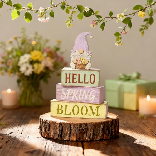 Spring Decoration Wooden Tiered Tray Decor – Rustic Hello Spring Bloom Gnome Stacked Block Sign with Flower Basket Topper – Farmhouse Tabletop Spring Decor for Living Room Shelf Kitchen Coffee Bar Seasonal Home Display - style: Gnome