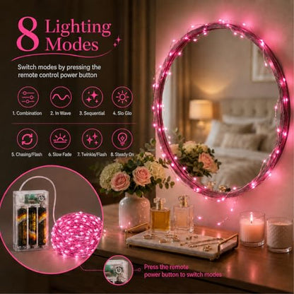 16FT 50LED Fairy Lights Battery Operated (Included), 2 Packs - color: Pink, size: 2 Pack - Batteries Included
