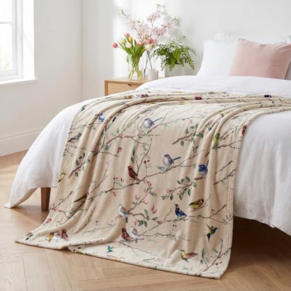 Horaldaily Spring Summer Birds Branch Biege Flannel Throw Blanket 50x60 - color: Beige, size: Throw(50x60'')