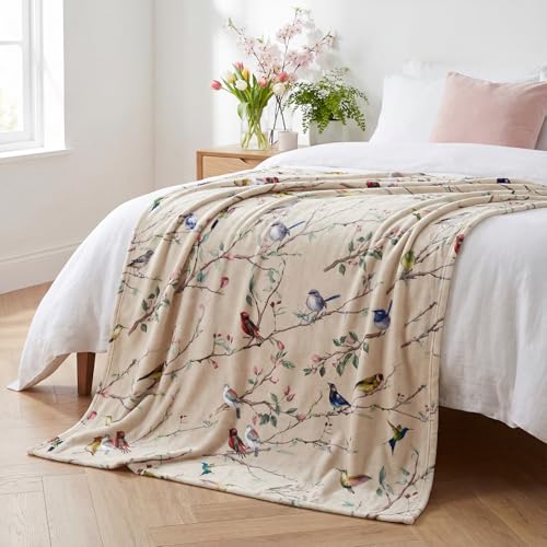 Horaldaily Spring Summer Birds Branch Biege Flannel Throw Blanket 60x80 - color: Beige, size: Twin(60x80”)