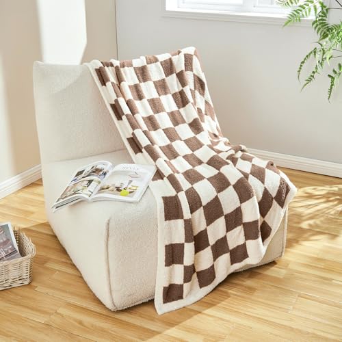 CozeCube Brown White Reversible Checkered Knit Throw Blanket 50"x60" - color: Dark Brown, size: 50"x60"
