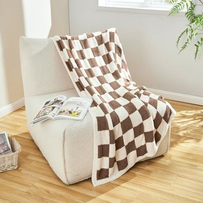 CozeCube Brown White Reversible Checkered Knit Throw Blanket 50"x60" - color: Dark Brown, size: 50"x60"
