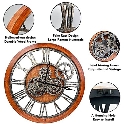 The B-Style Large Wall Clock, 24 inch, Brown and Bronze - color: Brwon With Bronze Gears, size: 24 inch (60 cm)