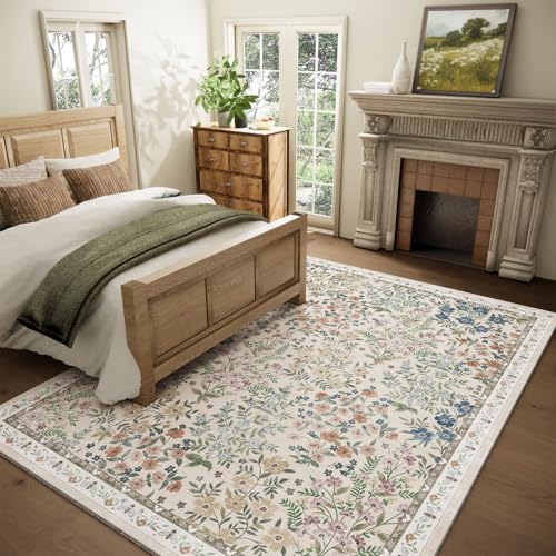 Washable Area Rug for Living Room: 9x12 Area Rugs for Bedroom Vintage Stain Resistant Non Slip Low Pile Soft Indoor Carpet Rug for Kitchen Dining Room Farmhouse Kids Room Nursery - color: Floral-light Beige, size: 9' x 12' (Rectangular)