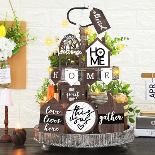 FairySandy 11 Pcs Home Tiered Tray Decor This is us Rustic Wooden Signs - style: Brown Style