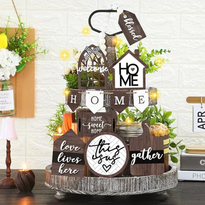 FairySandy 11 Pcs Home Tiered Tray Decor This is us Rustic Wooden Signs - style: Brown Style