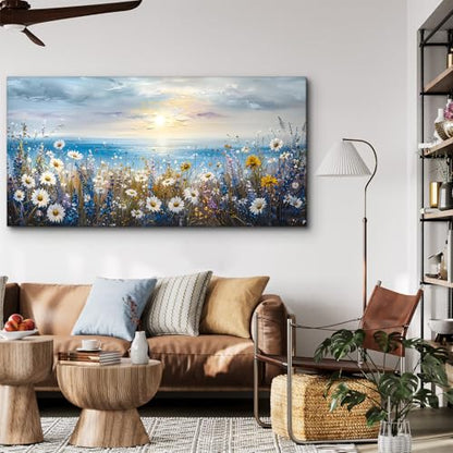 crmotu Extra Large Canvas Art, Beach Daisy Sunset Pictures 29X57 In - color: Sunrise Seaside Flowers, size: 57"L x 29"W