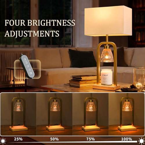 PoKat 2 in 1 Gold Table Lamp with Candle Warmer, Timer & Dimmer, Modern - color: Set of 1 - Brushed Gold With Wood-print Finish
