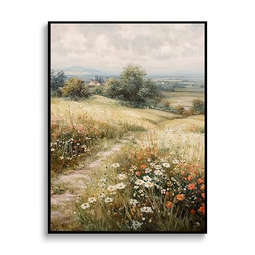 Framed Cottagecore Wildflower Canvas Wall Art, French Country Meadow Decor - color: Warm yellow-green, size: 16"L x 12"W