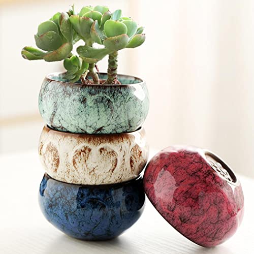 YYW 3 Inch Ceramic Plant Pot Set of 4 with Drainage and Bamboo Tray(Set 1) - color: Set 1, size: One Size