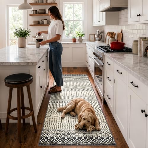 Black Boho Washable 2x6 Kitchen Runner Rugs Non Skid Washable 6Ft - color: Black, size: 2' x 6' (Runner)