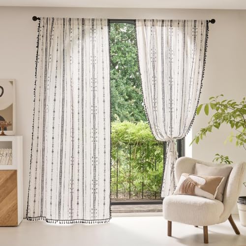 Black Boho Curtains for Living Room with Tassel 63 Inch 2 Panels - color: T-black, size: 52"W x 63"L (Pack of 2)