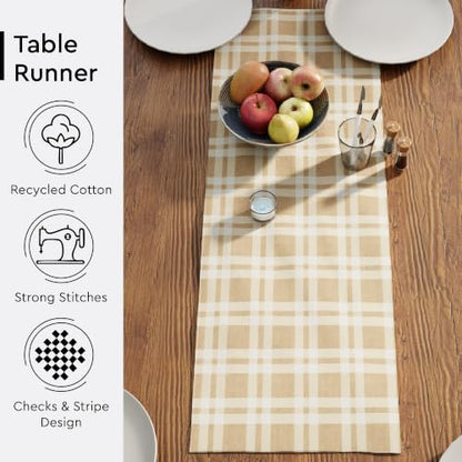 Encasa XO Table Runner, Woven Cotton Dining Linens 13"x36" Beige - color: Franca Beige Checks, size: 13x36 in