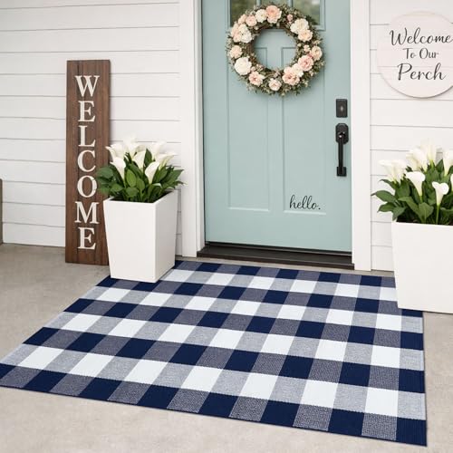 KILOCOCO Buffalo Plaid Checkered Rug 3x5 ft Blue and White Front Door Rug - color: Blue and White, size: 3' x 5' (Rectangular)
