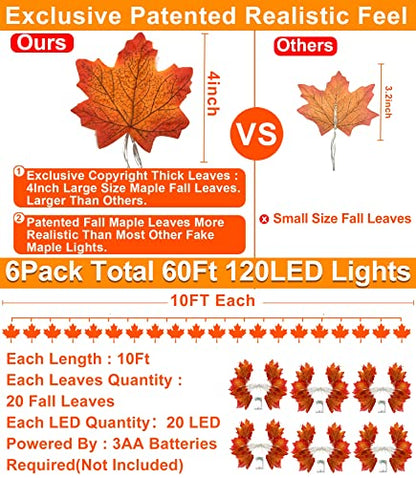 TURNMEON 6 Pack Fall Garland with Lights Enlarged Maple Leaves 60Ft 120LED - size: 6 Pack