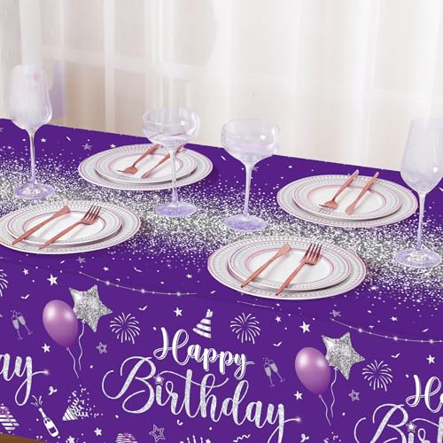 Tudomro 3 Pcs Plastic Happy Birthday Party Tablecloths,Purple Silver - color: Purple Silver
