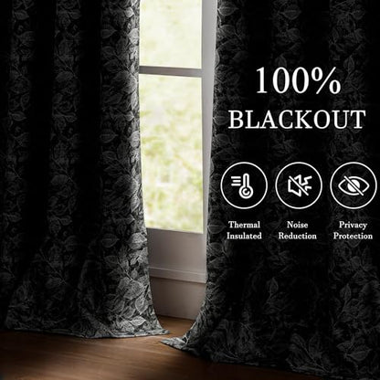 ChrisDowa 100% Black Blackout Floral Curtains 63 Inches Long 2 Panels - color: Leaf | Black, size: 52"W x 63"L (Pack of 2)