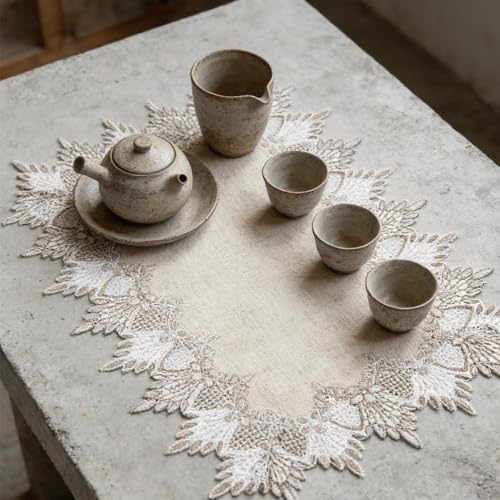 2 Pcs Lace Doily, 12"*18" Rectangle Neutral Earth Tones Beige Lace Coffee Table Topper Linen Style Tablecloth Placemats with Embroidery Edge for Dining Room - size: 12*18"