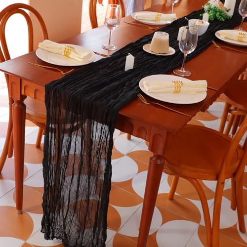 Snowkingdom 6PCS 10 Ft Black Cheesecloth Table Runner, 120 inch Long Cheese Cloth Boho Gauze Runners for Wedding Bridal Baby Shower Birthday Holiday Party Halloween Table Decorations - color: Black, size: 10FT/6Pcs
