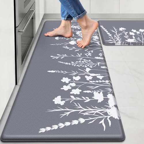 Kitchen Mats for Floor, 2-Piece Anti-Fatigue Kitchen Rugs, Grey - size: 17.3" x 30"+17.3" x 47"-0.4 inch