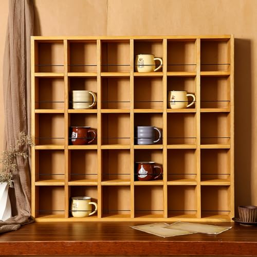 Kigley Oversize Coffee Mug Display Rack Wooden Shelves Rustic Shot Glass Display Case Travel Mug Shelf Wall Mounted Rack Holder Shadow Box (5 x 6,Light Nut-Brown) - color: Light Nut-brown, style: 5 x 6