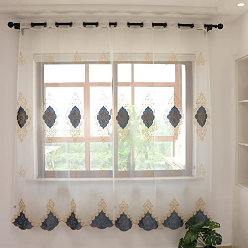 SLOW SOUL 2 Panels European Luxury Curtains Velvet Embroidered Tulle for Living Room Kitchen Bedroom Sheer Curtain with Grommet Light Blue 50W X 72L inch - color: Lightblue/Grommets, size: 50"W x 72"L (Pack of 2)