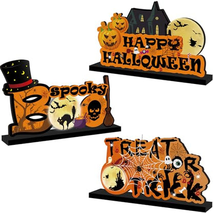 3Pcs Halloween Table Decorations - Happy Halloween Table Wooden Centerpiece Signs, Trick or Treat Wooden Sign, Boo Spooky Signs for Party Dinner Room Decor