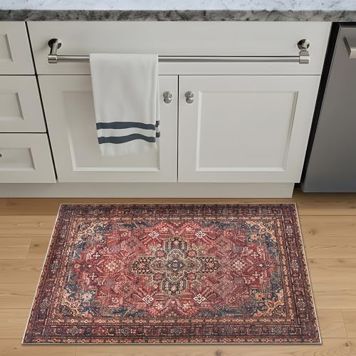 Bloom Rugs Washable Non-Slip 2' x 3' Rug - Red/Teal Blue/Yellow Traditional Medallion Area Rug for Living Room, Bedroom, Dining Room, and Kitchen - Exact Size: 2' x 3' - color: Red/Teal Blue/Yellow, size: 2' x 3' (Rectangular)