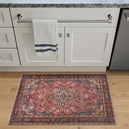 Bloom Rugs Washable Non-Slip 2' x 3' Rug - Red/Teal Blue/Yellow Traditional Medallion Area Rug for Living Room, Bedroom, Dining Room, and Kitchen - Exact Size: 2' x 3' - color: Red/Teal Blue/Yellow, size: 2' x 3' (Rectangular)