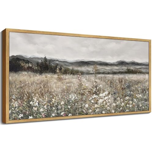 SHENIFY 20x40in Extra Large Vintage Framed Wall Art Meadow with Flowers Landscape Painting Retro Scenery Farmhouse Bedroom Above of Bed Living Room Decor - Natural Framed - color: Flower Meadow, size: 40"L x 20"W