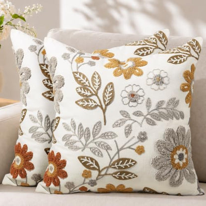 Fall Embroidered Throw Pillow Covers 18x18, Set of 2, Amber Blooms - color: Amber Blooms, size: 18" x 18" (Pack of 2)