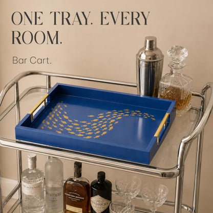 Serving Tray with Gold Fish Design, Navy by Death Decor - style: Navy Blue