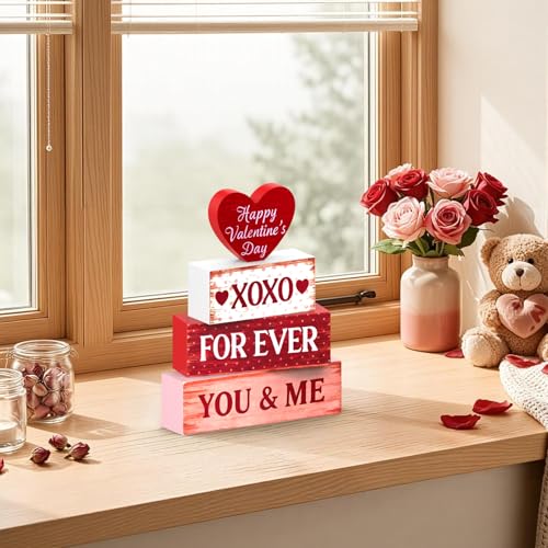 OLANRUN Valentines Day Decorations - 4 Pack Wooden Block Heart Set Signs Valentines Day Table Decor - 7.8 Inch Valentine's Decorations for Home Office Bedroom Tiered Tray Fireplace Mantel - style: Valentines - Love Heart