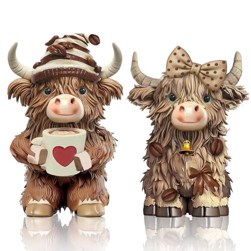 2 Pack Resin Highland Cow Figurine Gifts, Coffee Theme Decor - style: Coffee