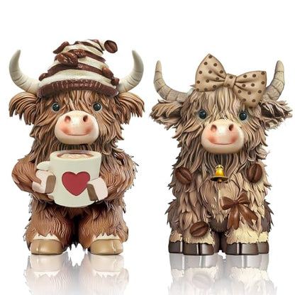 2 Pack Resin Highland Cow Figurine Gifts, Coffee Theme Decor - style: Coffee