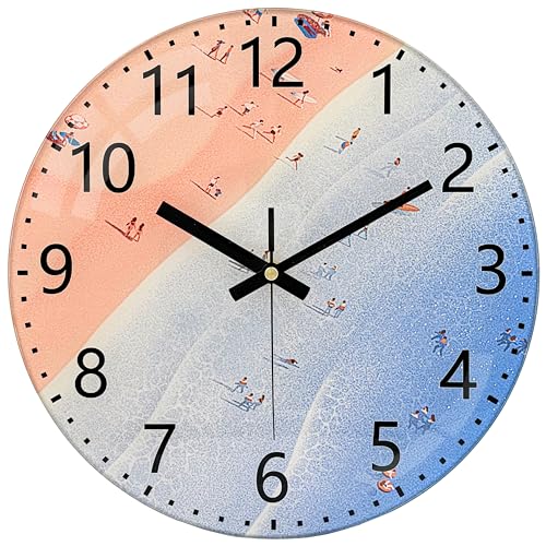Pink Beach Wall Clocks, 8 Inch Glass Silent Battery Operated Clock - color: Pink Blue, size: 8 Inch