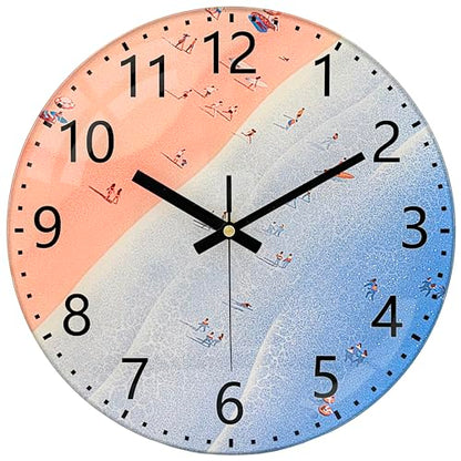 Unique Beach Wall Clocks Battery Operated - 10” Glass Analog Clock with Beach & Sea Pattern, Silent Non Ticking Large Numbers Clock for Bedroom Living Room Gym Classroom Bathroom Theme-Hotel - color: Pink Blue, size: 10 Inch