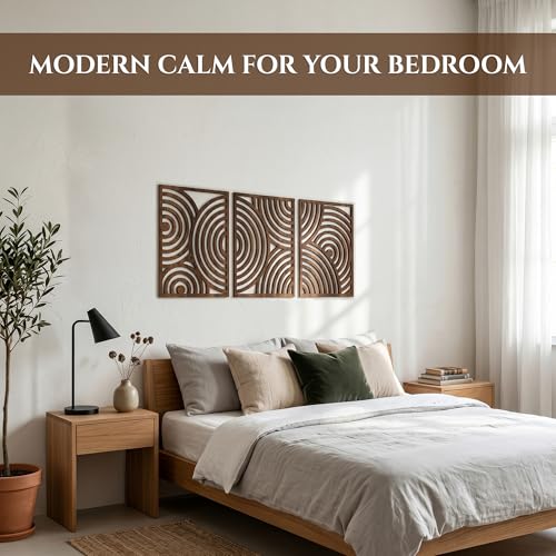 qmmp Modern Wooden Wall Sculptures - Set of 3 - Home Decor Accent - Large Wall Art for Living Room, Bedroom, Office - Easy Installation (Walnut, Large - Orbit) - color: Walnut, size: Large - Round