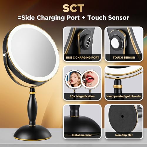 Lighted Makeup Mirror, 20x Magnifying - Matte Black with Gold Trim - color: Matte Black With Gold Trim