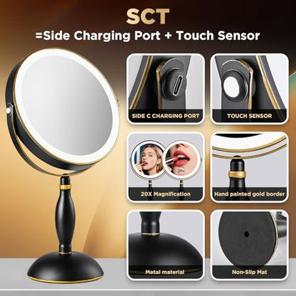 Lighted Makeup Mirror, 20x Magnifying - Matte Black with Gold Trim - color: Matte Black With Gold Trim