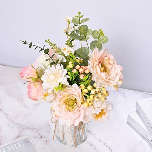 LUEUR Artificial Hydrangea in Vase, Silk Pink Dahlia Flower Bouquet - color: Pink