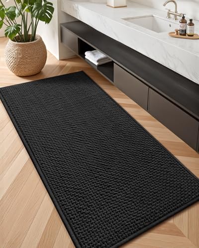 Color&Geometry Black 60x24 Waffle Bath Mat, Rubber Non Slip Bathroom Rug - color: Black, size: 24"x60"